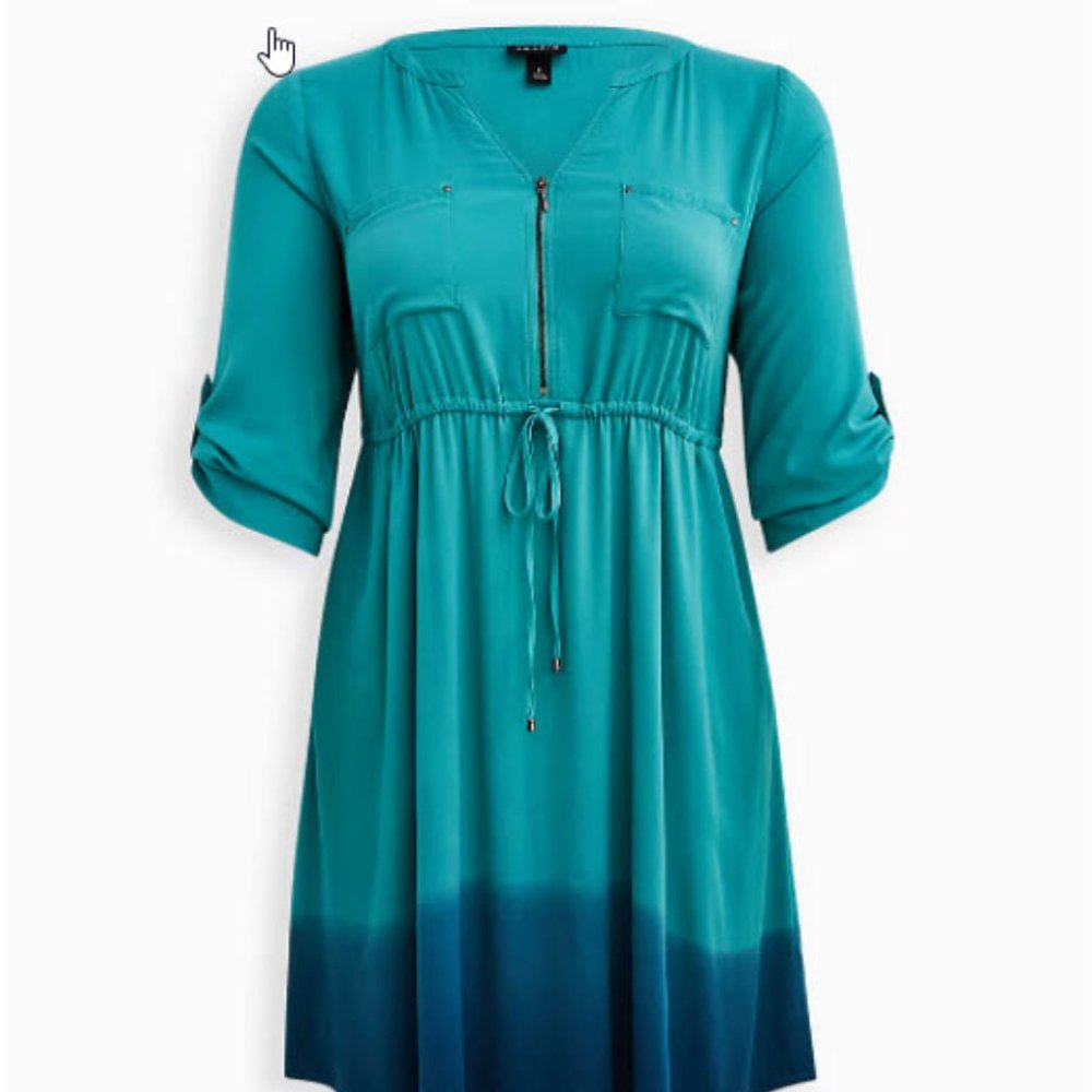 NWT Torrid Size 5X ZIP FRONT SHIRT DRESS - STRETCH CHALLIS DIP DYE BLUE OMBRE